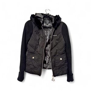 Bebe Black Puffer Jacket with Knit Sleeves & Faux Fur Hood – Size M